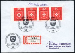 B.R.D. 1969 (11.8.) 30 Pf. "Malteser"-Hilfswerk, Reine MeF: 4er-Streifen + ET-SSt. (BONN 1) Je Malteserkreuz + RZ: 53 Bo - Autres & Non Classés