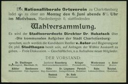 Berlin-Charlottenburg 1904 (5.6.) Amtl. Orts-P 2 Pf. Germania + Rs. Zudruck: Der Nationalliberale Ortsverein.. Wahlver-s - Altri & Non Classificati