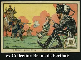 FRANKREICH 1914 Color-Litho-Propaganda-Künstler-Ak. No.5: Der Erste Deutsche Sieg = Wilhelm II Als Totenkopf-Husar Mit W - Other & Unclassified