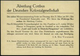 COTTBUS/ 1/ OEC/ Otto Enke/ Geschäftsbücher.. 1933 (18.3.) AFS Auf Einladungs-Kt: Deutsche Kolonialges. Für Vortrag: "La - Altri & Non Classificati