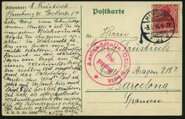 HAMBURG/ *21d 1916 (3.1.) 1K-Gitter Auf EF 10 Pf. Germania (Schrentrennung) + Seltener, Roter Zensur-2K: Auslandsstelle  - Prima Guerra Mondiale