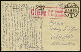 Kleve 1918 (8.11.) 1K-Gitter: CLEVE/**f + Roter Zensur-Ra.: Cleve P.K. Geprüft Und/zu Befördern (Rie.2) Sehr Späte, Selt - WO1