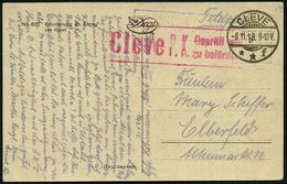Kleve 1918 (8.11.) 1K-Gitter: CLEVE/**f + Roter Zensur-Ra.: Cleve P.K. Geprüft Und/zu Befördern (Rie.2) Sehr Späte, Selt - WW1 (I Guerra Mundial)