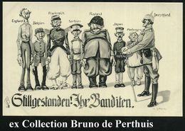 DEUTSCHES REICH 1914 S/w.-Propaganda-Künstler-Ak: Stillgestanden! Jhr Banditen = Deutscher Offizier Vor Entente-Typen ,  - 1. Weltkrieg