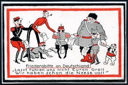 DEUTSCHES REICH 1914 Zweifarbige Propaganda-Künstler-Ak.: Friedensbitte An Deutschland !.. = 7 Entente-Figuren Mit Fried - WO1