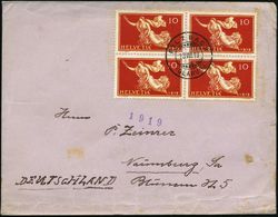 SCHWEIZ 1919 (13.8.) 10 C. "Friedensgöttin 1919", Reine MeF: 4er-Block , Zentr. Klar Gest. Ausl.-Bf. (unten Kl. Fleckche - WW1 (I Guerra Mundial)