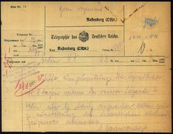 Rastenburg (Ostpr) 1919 (1.8.) Telegramm, Ortvordruck: Rastenburg (Ostpr.) + Viol. 4L: Grenadier-Regiment/König Friedric - Other & Unclassified