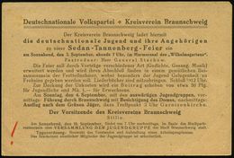BRAUNSCHWEIG/ *1I 1921 (31.8.) PFS 15 Pf. Ziermuster Auf Vordr.Kt.: Deutschnationale Volkspartei..Sedan-Tannenber (oben  - Altri & Non Classificati