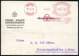 MAGDEBURG-BUCKAU/ Friedr.Krupp Grusonwerk/ AG 1932 (13.12.) AFS = Firmen-Logo 3 Ringe ,Gruson Entwickelte Ein Patent Für - Altri & Non Classificati