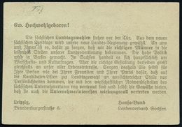 LEIPZIG/ *2h 1920 (11.10.) 1K-Steg Auf Vordr.-Kt.: Hansa-Schutzbund Für Deutsche Unternehmer-Interessen Zur Landtagswahl - Other & Unclassified