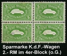 DEUTSCHES REICH 1938 Grüne Sparmarke 5.- RM  "K D F - Wagen" , Die Deutsche Arbeitsfront,  4er-Block (VW -Blinddruck) O. - Altri & Non Classificati