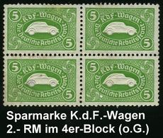 DEUTSCHES REICH 1938 Grüne Sparmarke 5.- RM  "K D F - Wagen" , Die Deutsche Arbeitsfront,  4er-Block (VW -Blinddruck) O. - Otros & Sin Clasificación