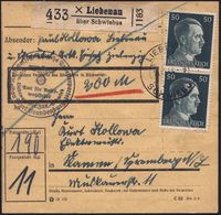 LIEBENAU/ A/ über/ SCHWIEBUS 1944 (14.12.) 2K-Steg Auf Paar 50 Pf. Hitler (wie MeF, U.a. Rs.) + Schw. Paketzettel: X Lie - Andere & Zonder Classificatie