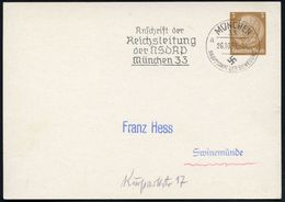 MÜNCHEN/ 33/ A/ HDB/ Anschrift Der/ Reichsleitung/ Der NSDAP/ München 33 1939 (26.10.) Seltener MWSt Auf PP 3 Pf. Hinden - Altri & Non Classificati