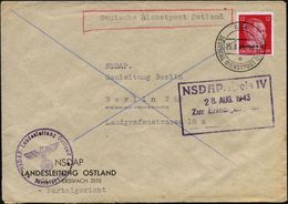 DT.BES.LETTLAND 1943 (25.8.) 2K-Steg: RIGA/o/DDP OSTLAND Auf EF 12 Pf. Hitler + Viol. 1K-HdN: NSDAP Landesleitung Ostlan - Andere & Zonder Classificatie