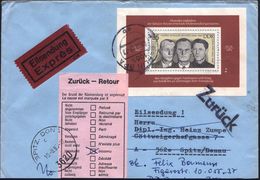 D.D.R. 1983 (8.8.) 85 Pf. Antifaschisten Harnack, Schultze-Boysen, Sieg  ="Rote Kapelle", Block EF + Rosa "Zurück"-Label - Autres & Non Classés