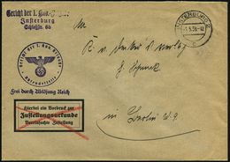 INSTERBURG 2/ C 1938 (1.5.) 2K-Steg + Viol. 1K-HdN: Gericht Der 1. Kav.(allerie) Brigade/ Absendestelle/FdAR + Viol. 3L- - Other & Unclassified