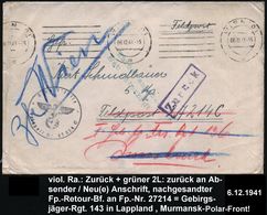 WIEN 101/ D 1941 (Dez.) BdMaSt + Grüner 2L: Zurück An Absender/Neue Anschrift + Viol. Ra.: Zurück , Feldpost-Bf. An Fp.- - Guerre Mondiale (Seconde)