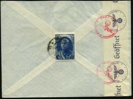 IRAN 1940 (Mai) 1,50 R. Reza Pahlevi, EF Rs. + Rs. OKW-Zensurstreifen: Geöffnet + Roter 1K: Briefstempel - Geöffnet = Be - WW2