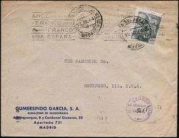 SPANIEN 1944 (19.7.) 40 C. Franco, EF + Rs. Zensurstreifen: CENSURA GUB./MADRID (Wo.e-8) (Bf. Oben Riß), Vs. Viol. Einga - Guerre Mondiale (Seconde)