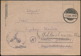 BERNBURG 1945 (7.3.) Alter 1K-Gitter + Bl. 1K-HdN: Res. Laz. Bernburg , Rs. Hs. Abs.: "..Res. Teillazarett Volksschule I - WO2