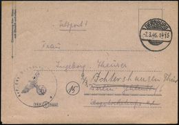 BERNBURG 1945 (7.3.) Alter 1K-Gitter + Bl. 1K-HdN: Res. Laz. Bernburg , Rs. Hs. Abs.: "..Res. Teillazarett Volksschule I - 2. Weltkrieg