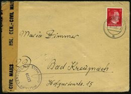 DILLENBURG/ A 1944 (3.11.) 2K-Steg Auf EF 12 Pf. Hitler + US-Zensur-1K: MILITARY CENSORSHIP/13720/CIVIL MAILS + Klebestr - WW2