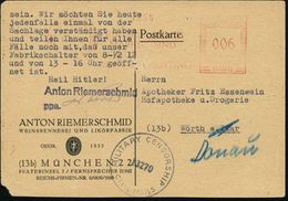 MÜNCHEN 1/ HDB/ RIEMERSCHMIDT.. 1945 (12.4.) AFS "Hakenkreuz" 006 Pf. (kriegsbedingt Stark Abgenutzt) Auf Firmen-Kt.: AN - WO2