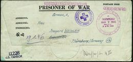 U.S.A. /  DEUTSCHES REICH 1945 (7.3.) Viol. Zifferblatt-2K: DISPATCHED../Post Office/P. Of W. Camp + 1L: GEBUEHRENFREI + - WW2 (II Guerra Mundial)