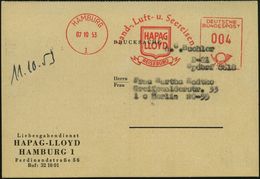 HAMBURG/ 1/ Land-,Luft-u.Seereisen/ HAPAG/ LLOYD/ REISEBÜRO 1953 (7.10.) AFS Auf Vordruck-Kt.: Liebesgaben-dienst HAPAG- - Seconda Guerra Mondiale