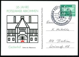 15 POTSDAM1/ Cecilienhof/ POTSDAMER/ ABKOMMEN 1980 (2.8.) SSt Auf PP 10 Pf. Neptunbrunnen, Grün: 35 Jahre Potsdamer Abko - 2. Weltkrieg