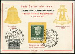 (22c) KÖLN-DEUTZ/ SCHLESIERTREFFEN 1953 (24.7.) SSt (Schlesier Adler) 3x (rs. Frankatur) Auf Color-Sonderkarte: 4. Bunde - Rifugiati