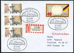 2800 BREMEN 1/ GEDÄCHTNISFEIER ZUM 100.GEBURTSTAG/ WILH.KAISEN 1987 (22.5.) SSt 3x Auf 3x 80 Pf. Wilhelm Kaisen = Politi - Altri & Non Classificati