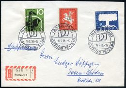 (14a) STUTTGART/ SPD/ PARTEITAG 1958 (19.5.) SSt 3x + RZ: Stuttgart 1/sc (ohne PLZ) Klar Gest. Inl.-R-Bf. (Bo.241) - Tie - Sonstige & Ohne Zuordnung