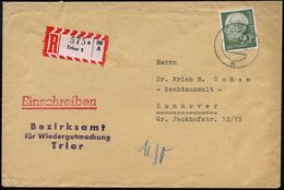 TRIER 1/ M 1957 (13.12.) 2K-Steg Auf EF 90 Pf. Heuss + Viol. 3L: Bezirksamt/für Wiedergutmachung.. (rs. Klappen-Riß) + R - Sonstige & Ohne Zuordnung