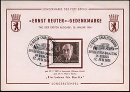 (1) BERLIN-CHARLOTTENBG.9/ BUNDESVERSAMMLUNG/ IN BERLIN 1954 (17.7.) SSt (Messehallen) Rs. Auf EF 20 Pf. Ernst Reuter =  - Altri & Non Classificati