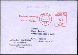 53 BONN 9/ Deutscher Bundestag/ FDP-Fraktion 1968 (2.7.) AFS Auf Dienst-Bf.: FDP-Fraktion, Parlamentar. Geschäftsführer. - Altri & Non Classificati