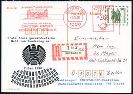 D.D.R. /  VGO 1990 (3.12.) Amtl. VGO Antwort-P 30 Pf. Goethe/Schiller + Zudruck: Erste Freie Gesamtdeutsche Wahl Zum Bun - Altri & Non Classificati