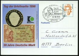 57072 SIEGEN 1/ Tag Der/ Briefmarke/ 50 Jahre/ Währungsreform.. 1998 (17.10.) SSt = Kanzler Ludw. Erhard (m. Zigarre) A. - Altri & Non Classificati