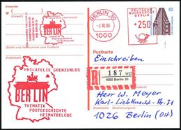 1000 BERLIN 30/ PHILATELIE/ GRENZENLOS.. 1990 (3.10.) AFS 250 Pf. Brandenbg.Tor Auf Amtl. P 40 Pf. Chilehaus (= VE) + Mo - Monuments