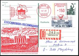 1000 BERLIN 30/ PHILATELIE GRENZENLOS... 1991 (10.8.) AFS 150 Pf. = Brandenbg.Tor Auf Amtl. P 60 Pf. Bavaria + Zudruck:  - Monumenti