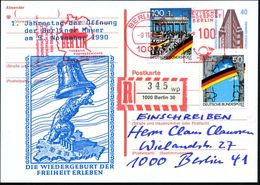 BERLIN 1990 (9.11.) Amtl. P 40 Pf. Chilehaus + Zudruck: 1. Jahrestag Der Öffnung Berliner Mauer = Bär Mit Brandenburger  - Denkmäler