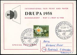 (22a) DÜSSELDORF1/ A/ DRUPA.. 1958 (Mai) SSt = Druck-Tampon Vor Globus ,motivgl. Sonderkarte: INTERNAT. FAIR PRINT AND P - Ohne Zuordnung