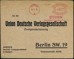 STUTTGART/ 3/ UNION/ Deutsche Verlagsgesellschaft 1933 (15.3.) AFS 025 Pf. Auf Verlags-Antwort-Bf. = Verlag Für Abenteue - Zonder Classificatie