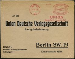 STUTTGART/ 3/ UNION/ Deutsche Verlagsgesellschaft 1933 (15.3.) AFS 025 Pf. Auf Verlags-Antwort-Bf. = Verlag Für Abenteue - Unclassified