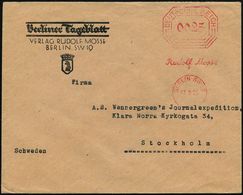 BERLIN SW 19/ Rudolf Mosse 1926 (17.8.) AFS Vorläufer "Bafra" 0025 Pf. (Vertikalachse) Firmen-Bf.: Berliner Tageblatt/ V - Ohne Zuordnung