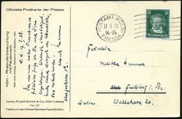 KÖLN POSTAMT/  PRESSA 1928 (17.5.) Seltener MWSt, Sonderform + 6 Wellen (rechts) Offiz., Monochrome Foto-Ausstellungs-So - Non Classés