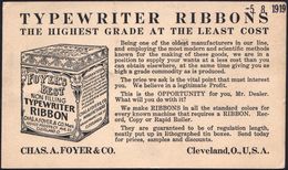 U.S.A. 1919 (11.7.) Reklame-PP 1 C. Jefferson , Grün: TYPEWRITER RIBBONS..CHAS. A. FOYER & CO. Cleveland,O. = (Behälter  - Non Classés