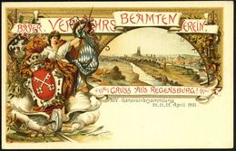 Regensburg 1901 (Apr.) PP 5 Pf. Wappen, Grün: BAYER. VERKEHRS BEAMTEN VEREIN,.. XIV. Generalversammlung = Allegorie Mit  - Treinen