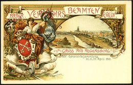 Regensburg 1901 (Apr.) PP 5 Pf. Wappen, Grün: BAYER. VERKEHRS BEAMTEN VEREIN,.. XIV. Generalversammlung = Allegorie Mit  - Eisenbahnen